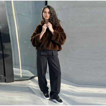 Luxury Faux Fur Hooded Pullovers Women's Loose Full Sleeve Stand Collar Pocket Coats 2025 New Autumn Winter Ladies Solid Outwear