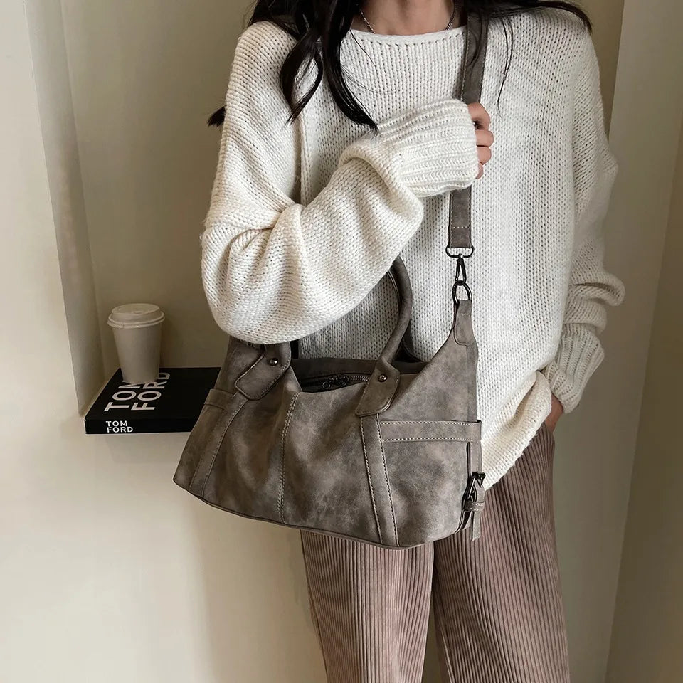 Retro Distressed Suede Texture Boston Hobo Bag Large Capacity Tote Handbag Shoulder Crossbody Bag for Women Daily Commute Trave