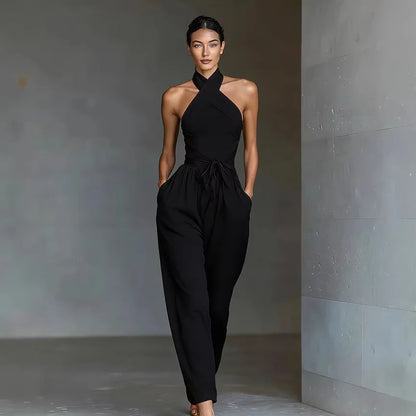 Chic High Waist Tie-up Wide Leg Pants Jumpsuit Women Sexy Criss Cross Halter Backless Zips Romper Summer Solid Office Overalls