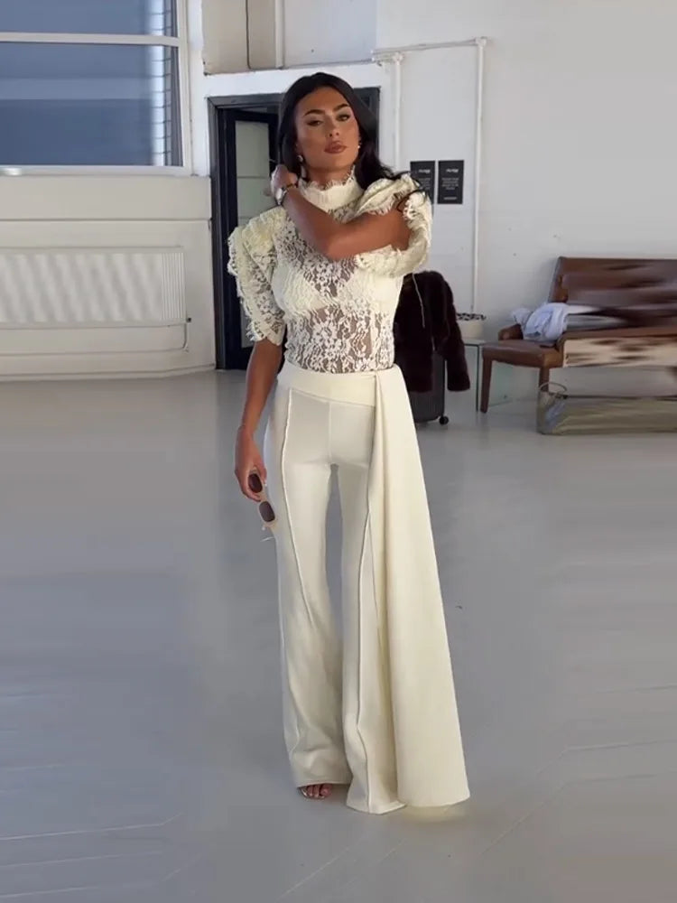 Elegant Ruffles Lace Top Ribbon Flare Pants Sets Women Short Sleeve See through Top High Waist Pant 2026 Summer Evening Outfit