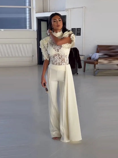 Elegant Ruffles Lace Top Ribbon Flare Pants Sets Women Short Sleeve See through Top High Waist Pant 2026 Summer Evening Outfit