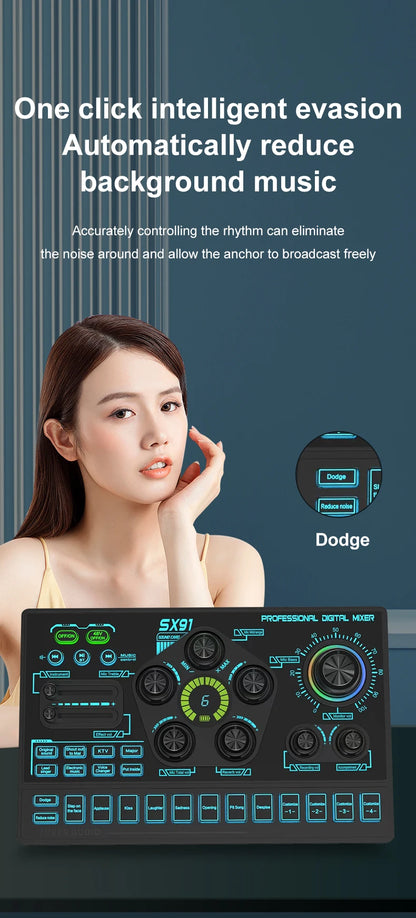 SX91 48V Audio Mixer with Voice changer,Podcast Mixer,Sound Card for Phone Gaming Karaoke Studio Live Streaming Podcast