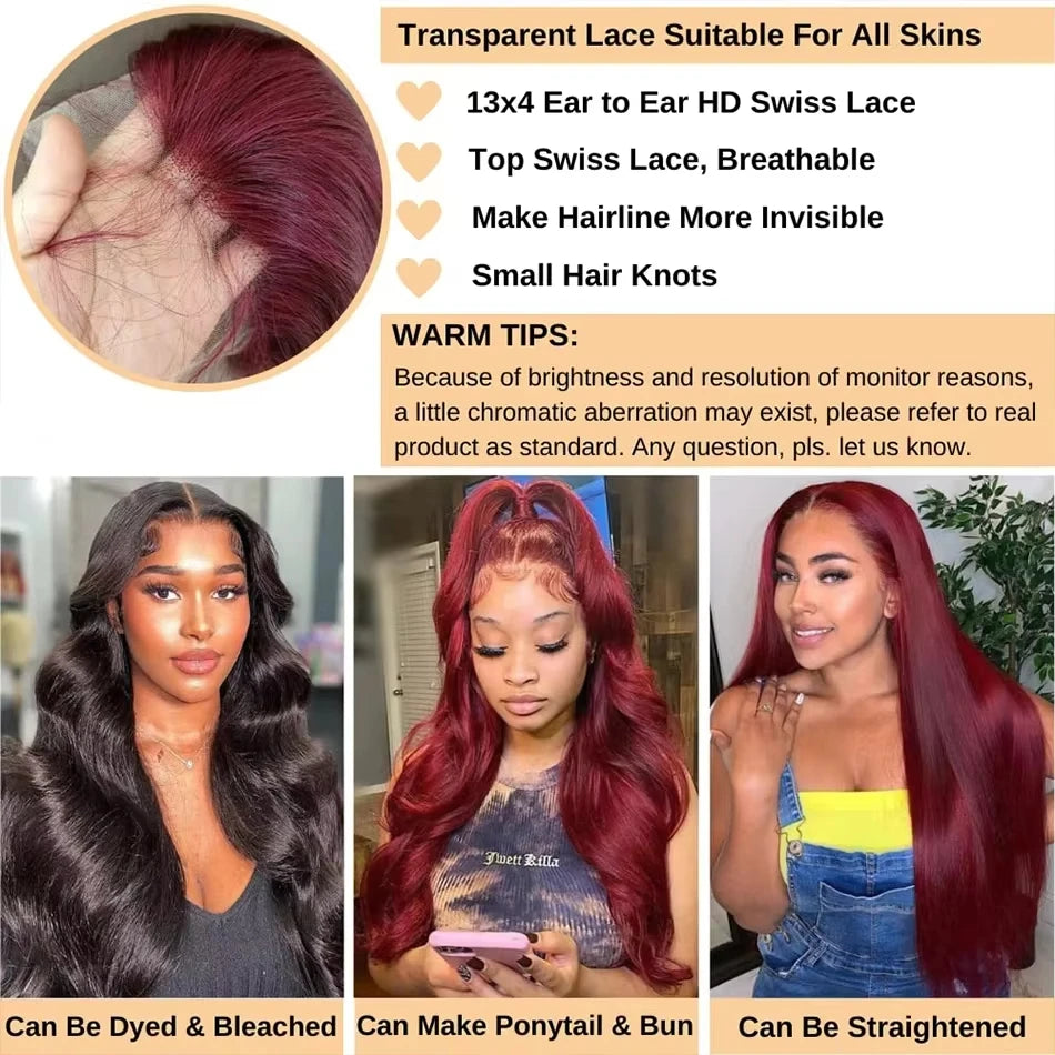 250 Density 99J Burgundy 13x6 Hd Lace Frontal Human Hair Wig Brazilian Hair 30 Inch Colored Body Wave Human Hair Wigs For Women