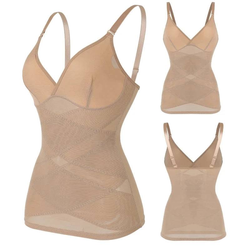 Women's Mesh Body Shaper Tummy Control Shapewear Tank Tops Compression Cami Summer Tops Deep V-neck Camisoles Slimming S-3XL New