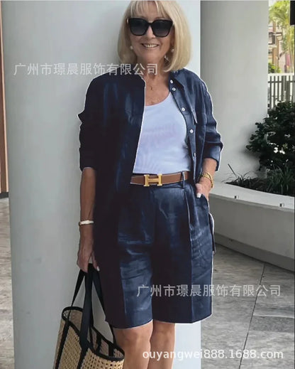 2026 Elegant 2-Piece Sets For Women Womens Cardigan Shirt Top Summer Solid Color Casual Shorts Two Piece New In Matching Sets