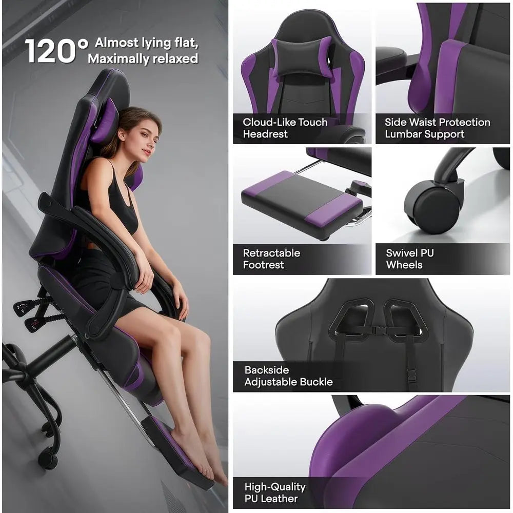 Purple Ergonomic Gaming Chair with Adjustable Height, Footrest, Headrest, and Lumbar Support for Kids and Adults