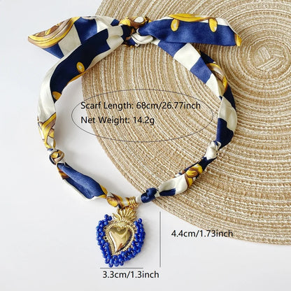 Women’s Fashion Scarf Necklace with Large Stainless Steel Heart Pendant Stackable Bandana Jewelry