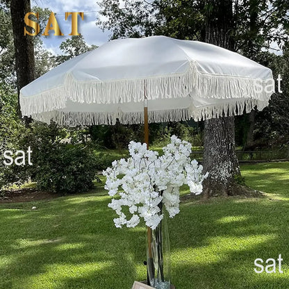 #For 7ft Patio Umbrella with Fringe Outdoor Tassel Umbrella UPF50+ Premium Steel Pole and Ribs Push Button Tilt,  Gazebo&