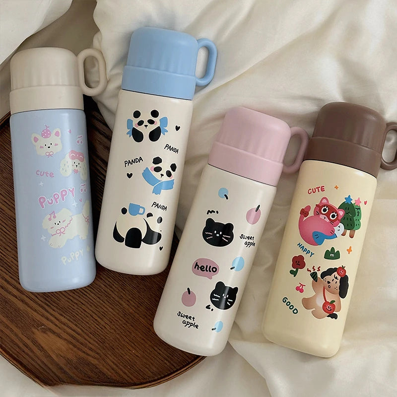 500ml Cartoon Stainless Steel Portable Thermos Cup,Cute Student Water Cup,Outdoor One Cover Dual-use Cup Vacuum Insulated Bottle
