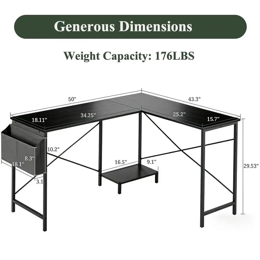 L Shaped Desk, 50 Inch Reversible Computer Desk Corner Gaming Table with CPU Stand Storage Bag, Sturdy Metal Frame PC Workstati