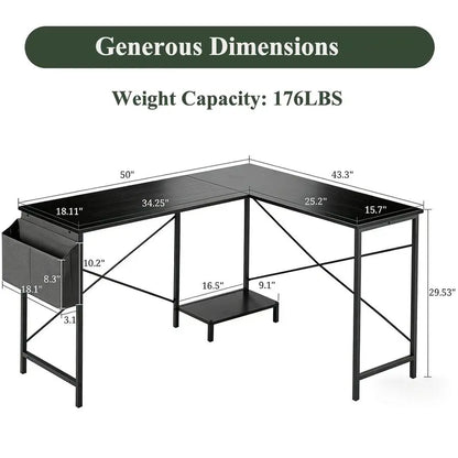 L Shaped Desk, 50 Inch Reversible Computer Desk Corner Gaming Table with CPU Stand Storage Bag, Sturdy Metal Frame PC Workstati