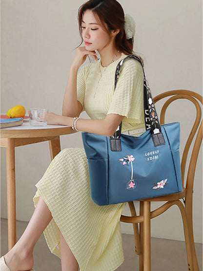 Flower embroidery fashionable oxford cloth handbag large capacity shoulder bag waterproof handbag large canvas bag
