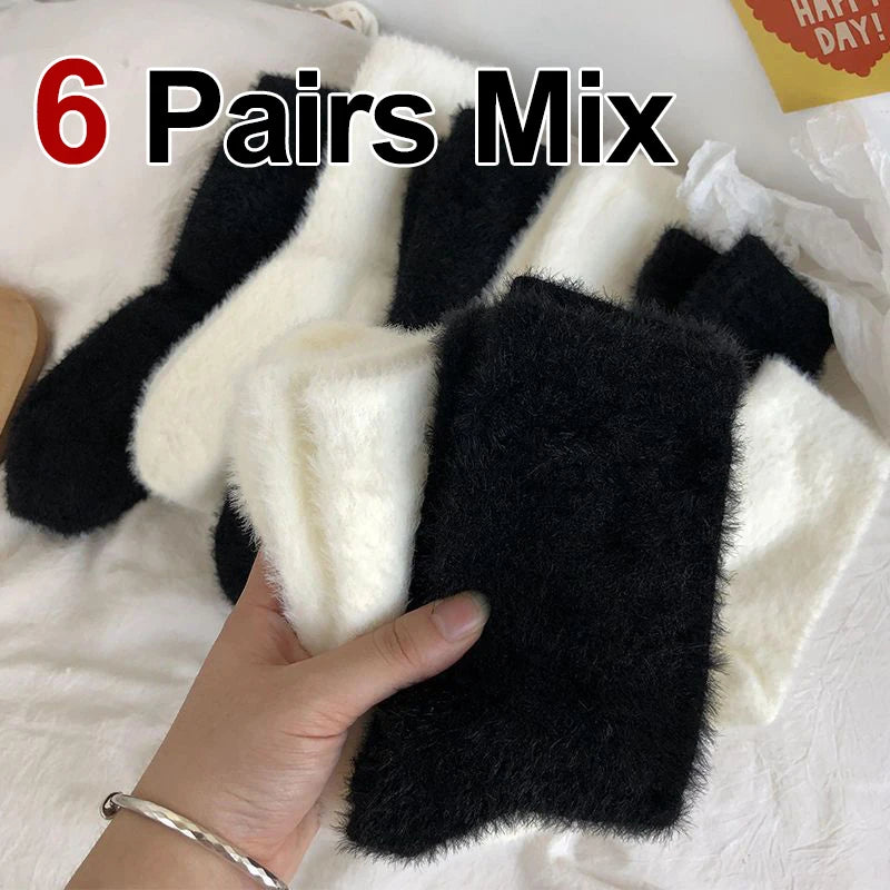 3/6 Pairs Women Autumn Winter Solid Color Plush Mid Tube Socks Warm and Thick Black White Soft Comfortable Casual Socks