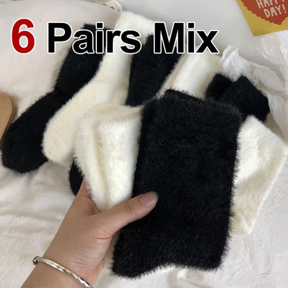 3/6 Pairs Women Autumn Winter Solid Color Plush Mid Tube Socks Warm and Thick Black White Soft Comfortable Casual Socks