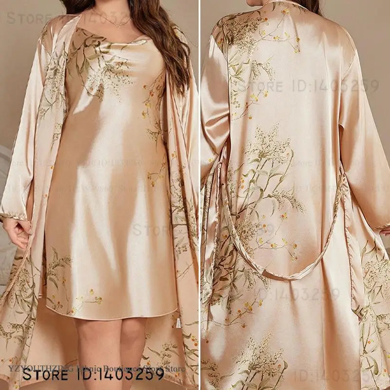 Summer New Women 2PCS Robe Set Nightgown Print Flower Kimono Bathrobe Gown Plus Size Silk Satin Sleepwear Loungewear Home Dress