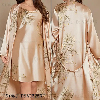 Summer New Women 2PCS Robe Set Nightgown Print Flower Kimono Bathrobe Gown Plus Size Silk Satin Sleepwear Loungewear Home Dress
