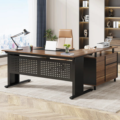 Tribesigns 63 Inch Executive Desk with File Cabinet, Large Office Desk L Shaped Computer Desk with Drawers and Storage Shelves