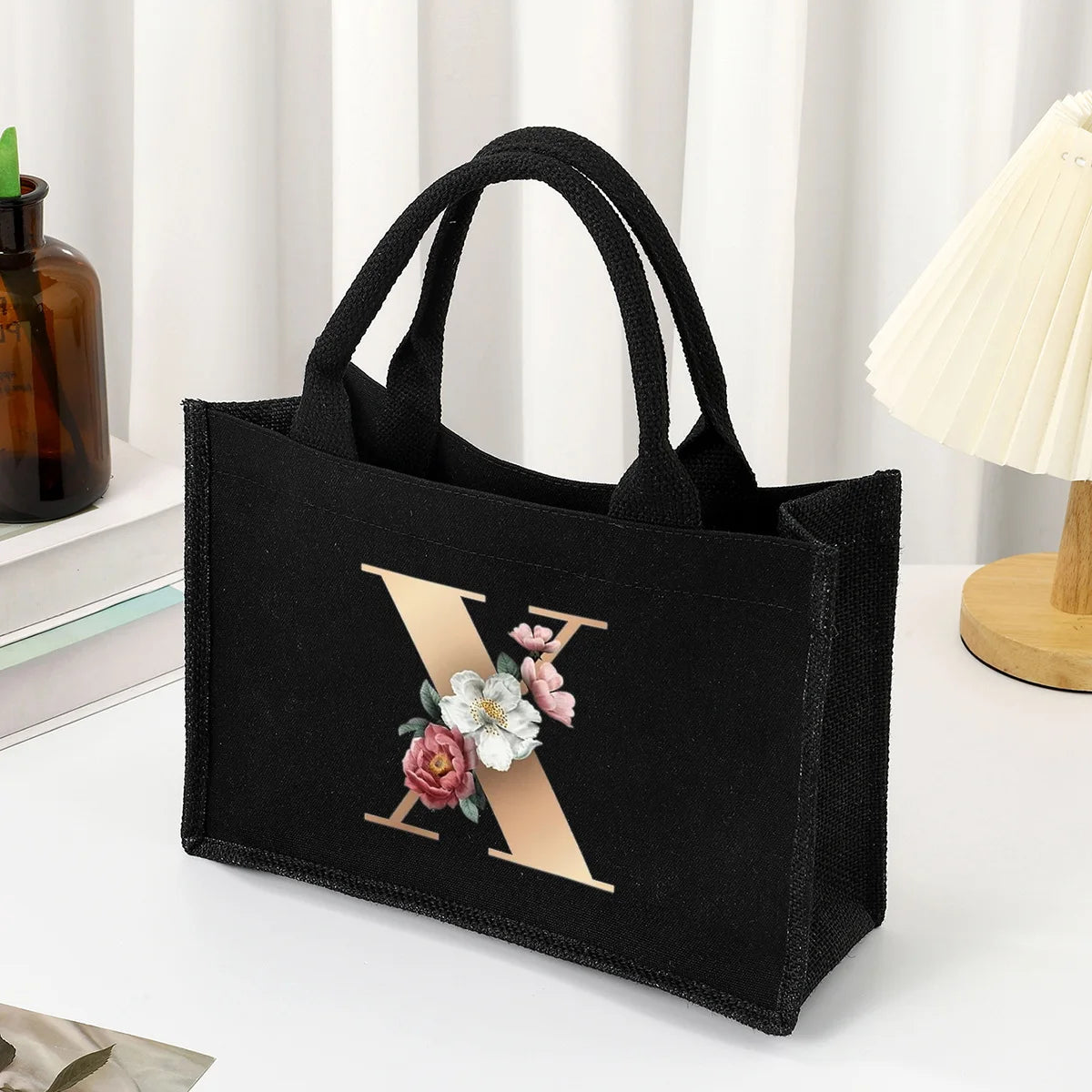 Black hand-held canvas bag, 26 letter printed women's handbag, large capacity portable leisure beach bag, indoor waterproof