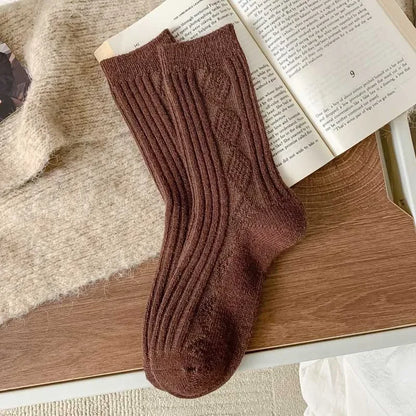3Pairs Winter Cashmere Wool Socks Women's Winter Diamond Thicken Warm Black White Pack Set Thermal Japanese Fashion Solid Color