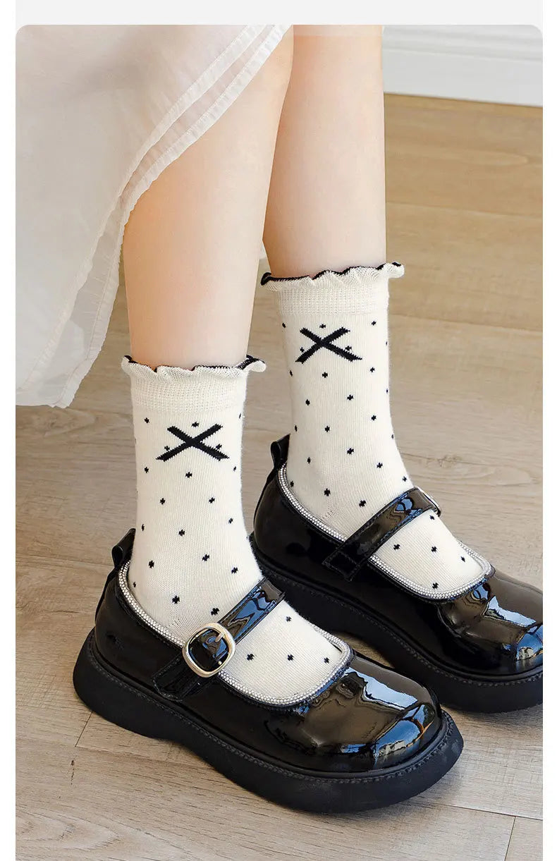 Auutumn Winter Girls Socks Retro Maillard Color Ruffle Socks Children's Calf Socks Cotton Socks  5 Pairs