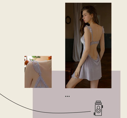 REBEYULI Sexy Sleepwear Women Deep V Solid Lace Velvet Mini Dress with Chest Pad Sweet Fly Sleeves Casual Robe Gown Set Women