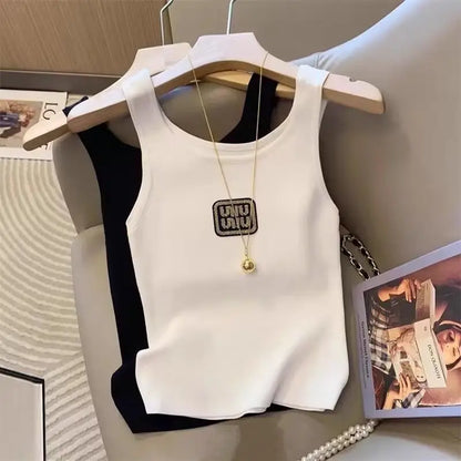 Women Summer Simplicity Slim Appear Thin Letter Embroidered Solid Color Camisole Ladies Fashion Office Lady All-match Trend Tops