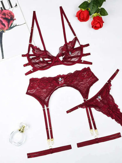 Sexy Bodysuit Sets Elegant Newest Product Diamond Decoration Grain Sexy Lace Hollow Out Design Underwear Set With Steel Rim UBNS
