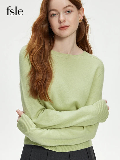 FSLE 100% Wool Seamless One-piece Knit Shirt Sweater For Women Autumn Winter New Design Wool Crew Neck Versatile Casual Sweater