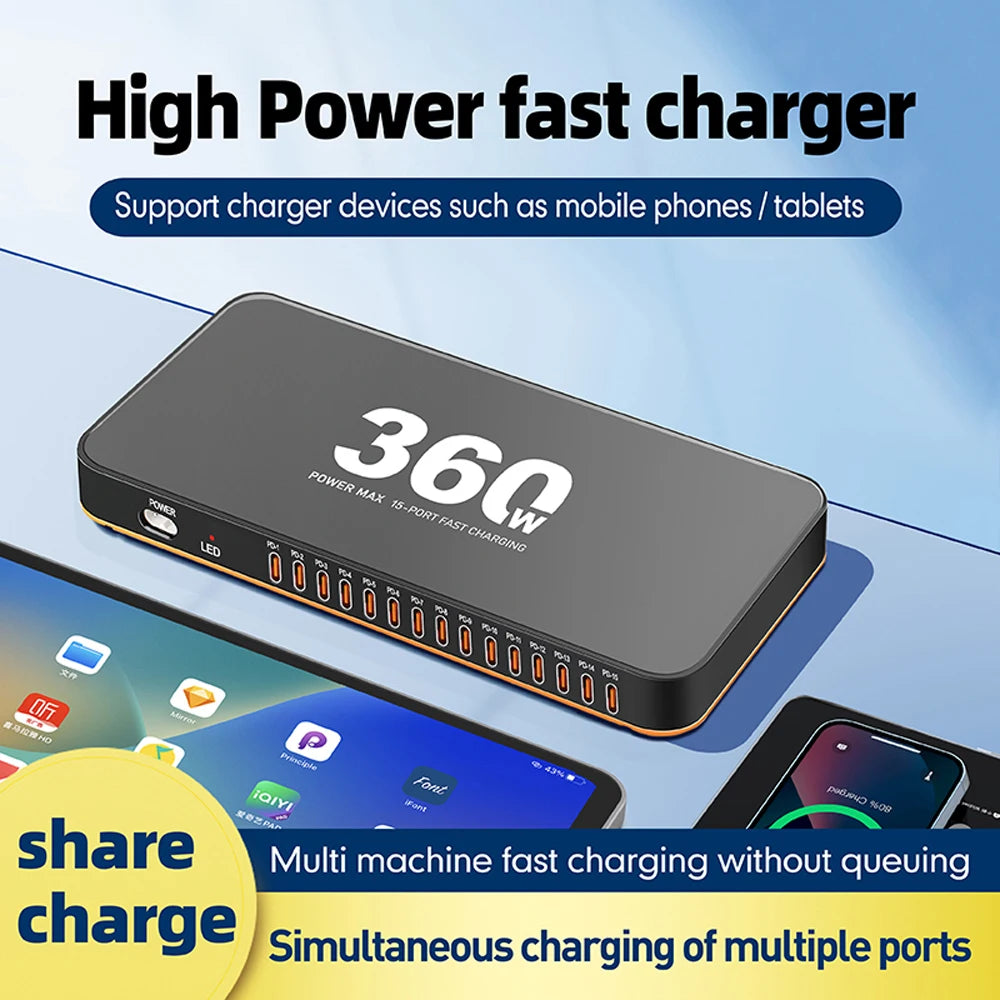360W USB Charger 15 in 1 Desktop PD 24W Fast Charge USB Type C Charger LED Display Charger For iPhone Xiaomi Smartphone Laptop