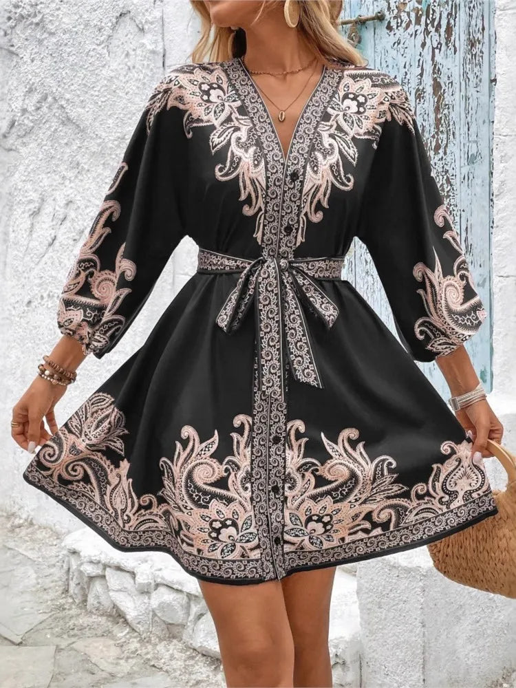 Elegant Women's Retro Printed V Neck Lantern Sleeve Dress Spring Summer Fashion Cinched Waist Lace-up Female Vacation Shortskirt