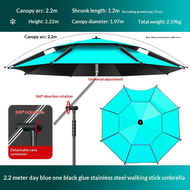 Outdoor Fishing Umbrella Heavy Duty Double Layer UV Protection Waterproof Upgraded Black Coating Patio Beach Base Included