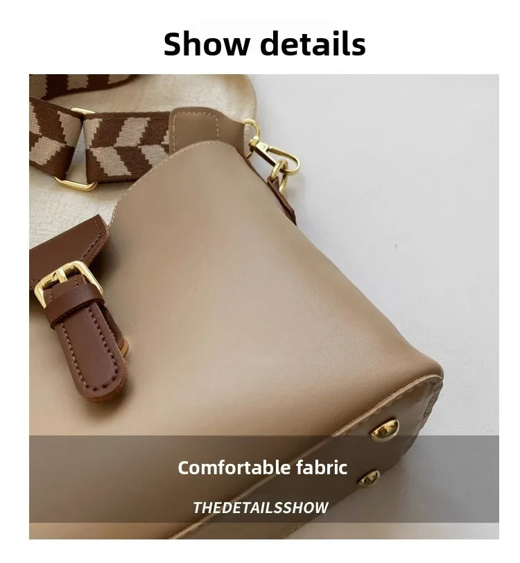 New women's bag with a premium feel, wide strap crossbody bucket bag, fashionable and trendy must-have popular design