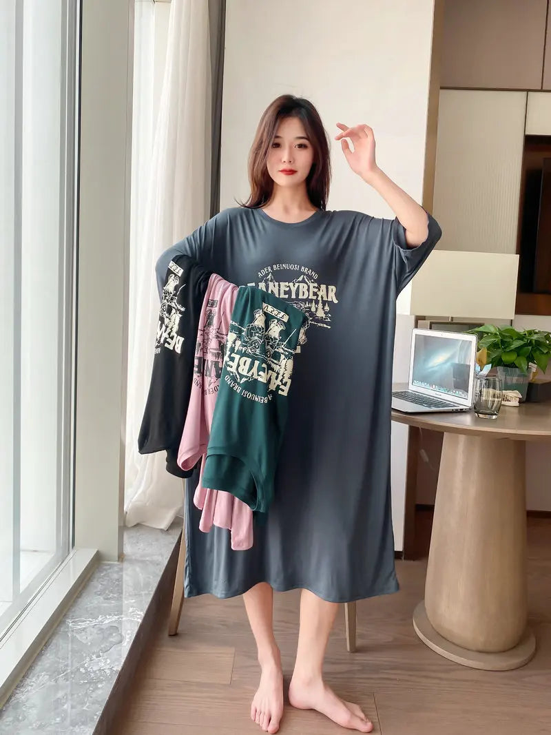 New Casual Sleepwear Woman Night Dress Lounge Home Wear Clothes Printed Short Sleeve Female Nightgowns Cotton Loose Nightshirt