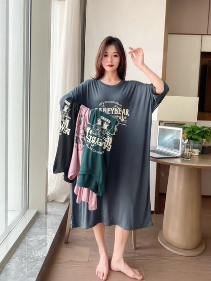 New Casual Sleepwear Woman Night Dress Lounge Home Wear Clothes Printed Short Sleeve Female Nightgowns Cotton Loose Nightshirt
