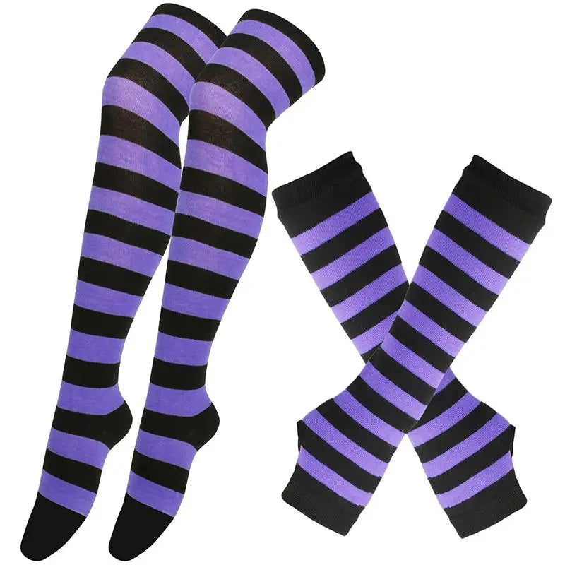 2Pair/Set Women Gothic Punk Over Knee Long Stripe Socks Girl Arm Sleeve Gloves Thigh High Cotton Socks Sweet Cute Christmas Gift