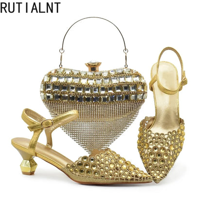 Ladies Shoe and Bag Set Latest Designers Luxury Italian Party Shoes and Bag Set for Women Rhinestone Wedding Bride Shoes Woman
