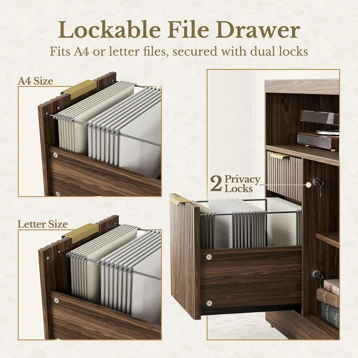 4 Drawer File Cabinet, Fluted Wood Lateral Filing Cabinet with Lock and Charging Station for Home Office, Printer, Customized