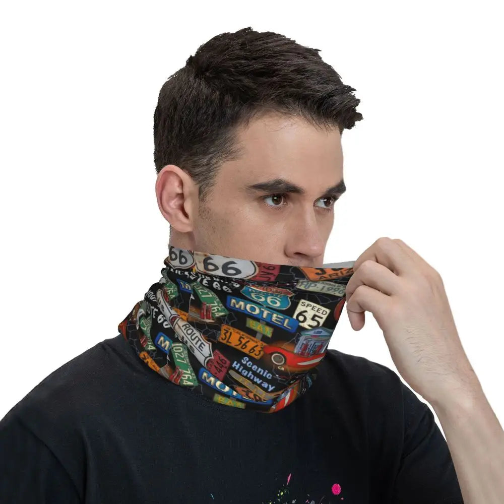 Custom Travel Motorcycle Ride Route 66 Bandana Winter Neck Warmer Windproof Wrap Face Scarf for Hiking Highways Gaiter Headband