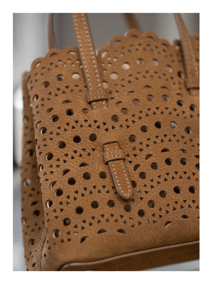 New Advanced Leather Tote Shopping Bag Wave Hollow out Basket Retro Suede Single Shoulder Slant Cross Mother Baby Bag