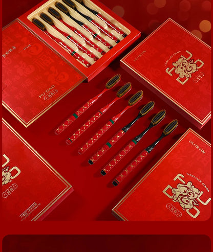GYN [6-Pcs Gift Box] New Year's Blessing Gift Box Extended Brush Head Efficient Cleaning Lucky and Joyful Soft Hair Toothbrush