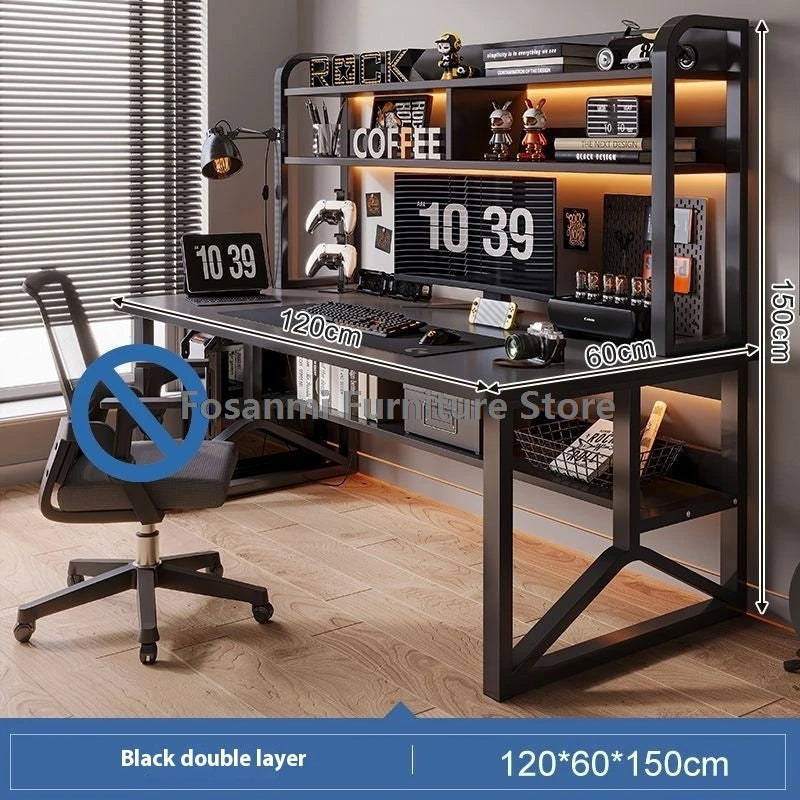 Black Wide Students Study Desk Modern Office Sturdy PC Desk with Shelf Y-Shaped Metal Frame Gaming Computer Table for Home Gamer