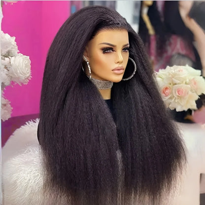 Natural Black Yaki 26Inch Kinky Straight Soft Long Lace Front Wig For Black Women Synthetic Preplucked Glueless Baby Hair Daily
