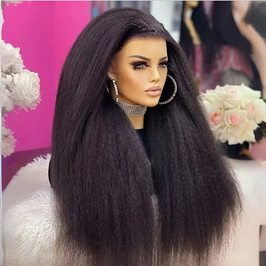 Natural Black Yaki 26Inch Kinky Straight Soft Long Lace Front Wig For Black Women Synthetic Preplucked Glueless Baby Hair Daily