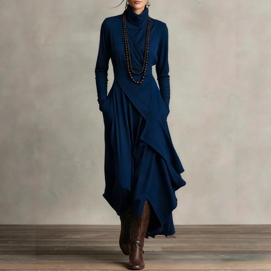 Vintage Pocket Asymmetric Dress for Women's Long Sleeve Solid Turtleneck Minimalist Retro Casual Autumn Long Dresses 2025