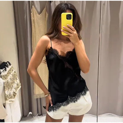 Sexy Floral Lace Satin Patchwork Camisole Vest For Women Summer Y2K Sleeveless Backless Tank Holiday Evening Party Lady Chic Top