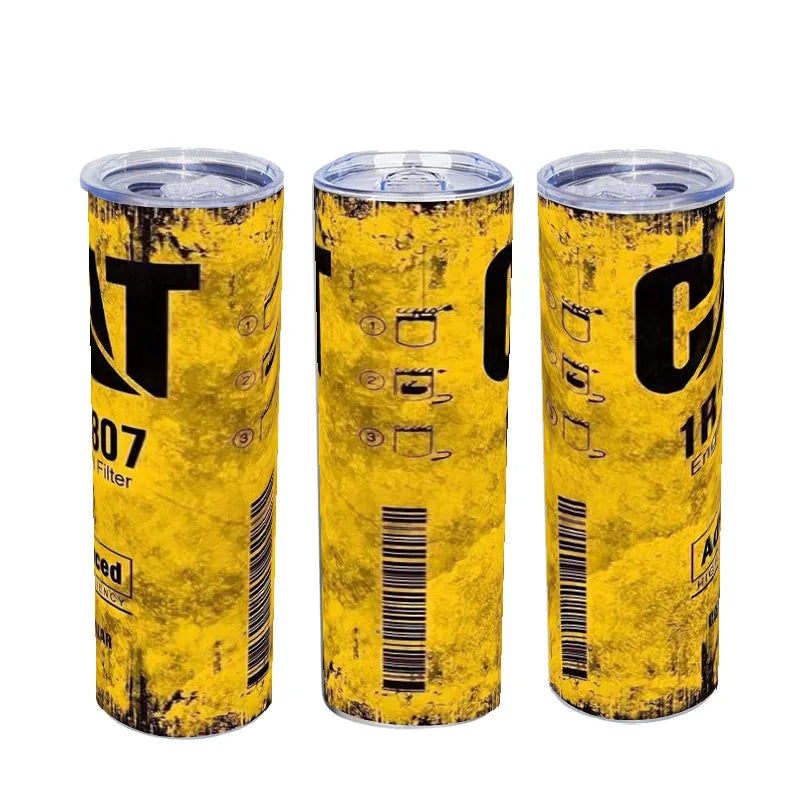 20Oz Stainless Steel Insulated Tumbler Engine Oil filter Yellow Double walled with Straw and Lid keep Cold Hot Drink Car Cup