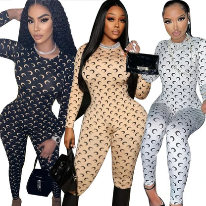 Womens Jumpsuit American Retro Slim Fit Sexy Moon Print Long Sleeve Round Neck Tight Fitting Leggings Versatile Autumn