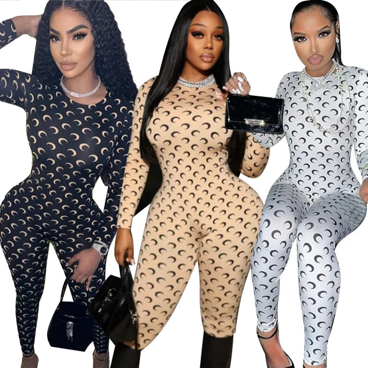 STYLISH LADY Moon Printed Sports Rompers and Jumpsuits 2025 Summer Women Long Sleeve O Neck Bodycon Sexy Club Party Overalls