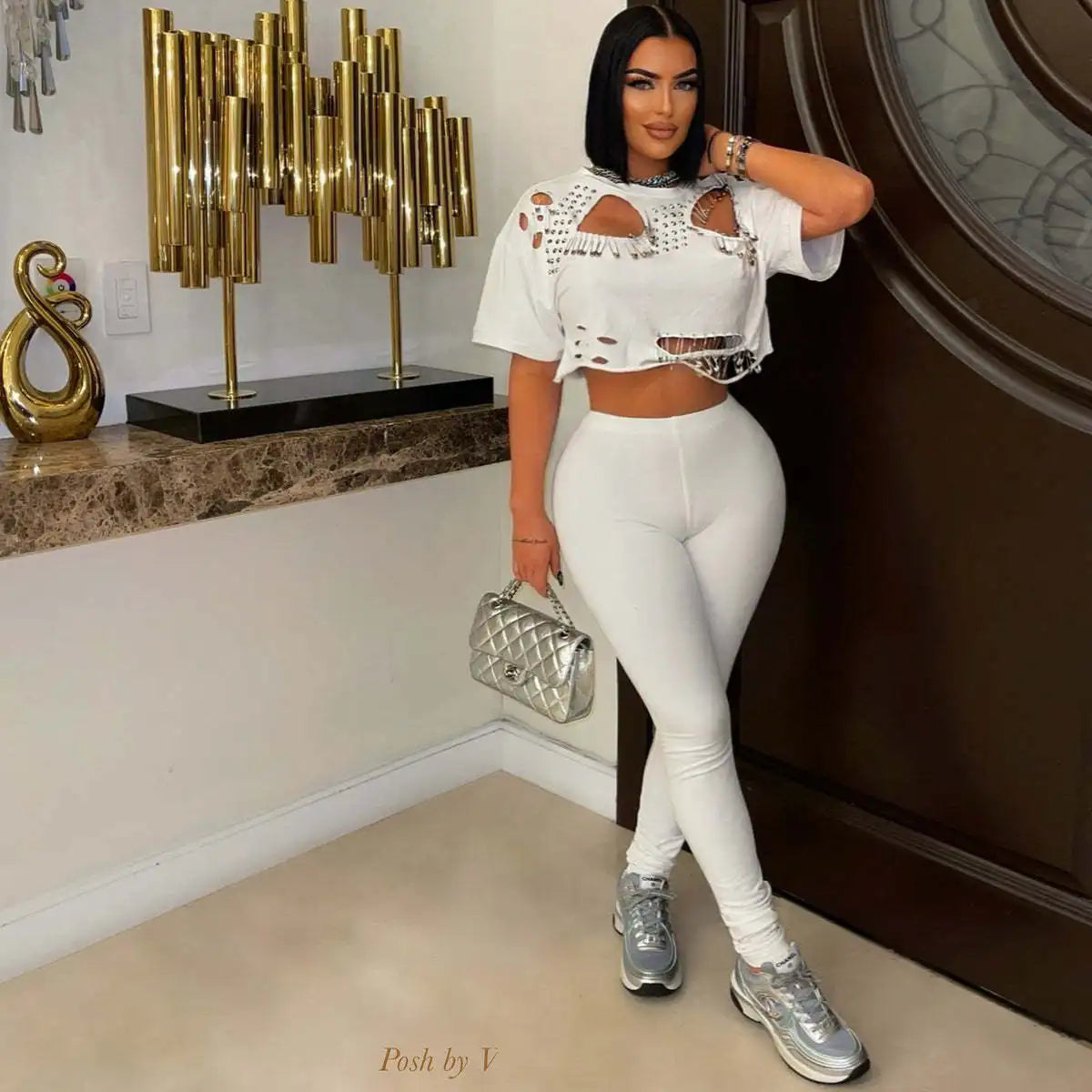 CM.YAYA Fashion Women's Set Hollow Out Hole Pin Short Sleeve T-shirt and Legging Pants 2025 Two 2 Piece Set Outfit Tracksuit