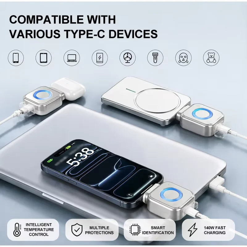 KEBIDUMEI 140W Type-C Charging Adapter Universal Separator Anti-Overcharge for Safe Overnight Charging Smart Auto Stop Charging